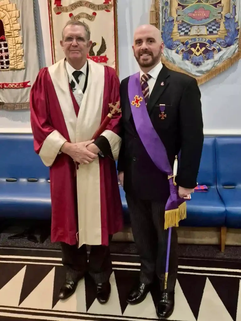 Most Puissant Sovereign (M.P.Kt Stephen Abraham) with the newly installed Knight (W.Kt. Phil Wedgebrow) at Holy Rood Conclave