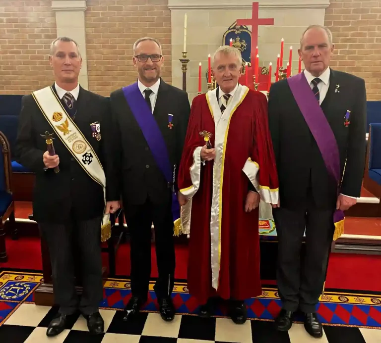 The Most Puissant Sovereign (M.P.Kt. Edward Giles) with the two new Knights (W.Kt. Paul Southwick and W.Kt. Ron Wray), along with the Intendant General (R.Ill.Kt. Steven Groeger) at the King Aethelwulf meeting in November 2025.