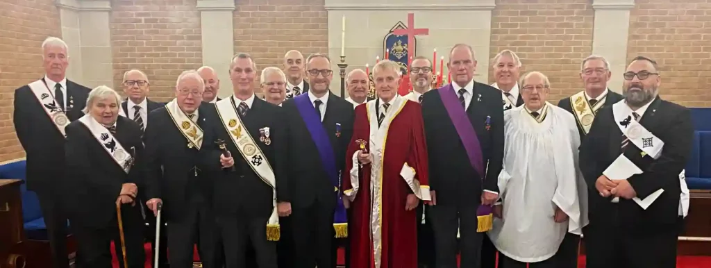 The members of King Aethelwulf Conclave along with visitors who took part in the ceremony of installation of two new Knights into the Order at the regular meeting in November 2025.