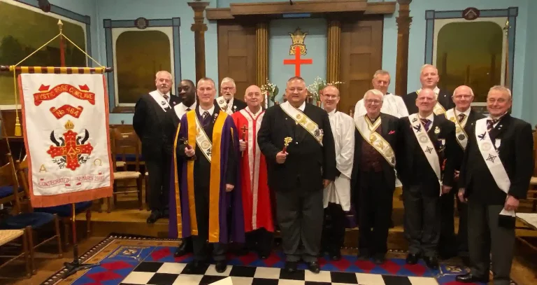 The Intendant General, R.Ill.Kt. Steven Groeger, the Most Puissant Sovereign, P.Kt. Anton Smith and the Deputy Intendant General, Ill.Kt. Mark Denton with the members of Mystic Rose Conclave.