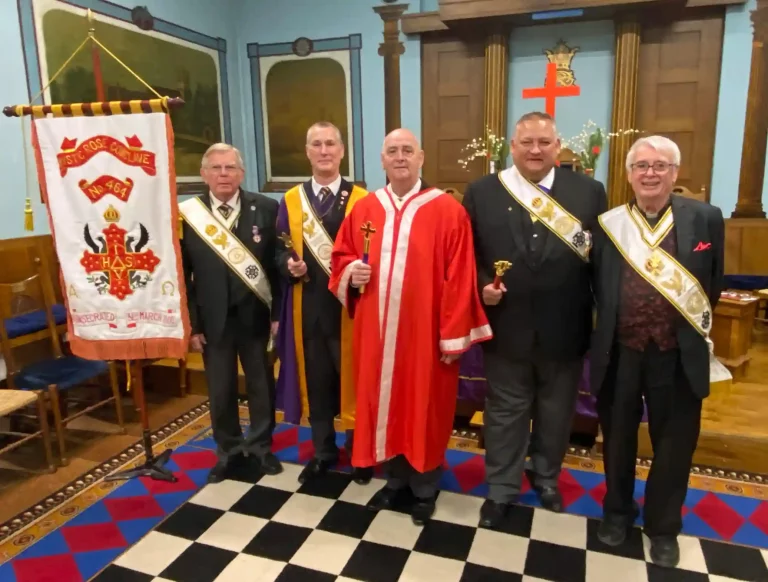 Distinguished attendees at the silver jubilee meeting (from left to right: V. Ill. Kt. Paul Adams, once of the original consecrating team, the Intendant General, MPS, Deputy Intendant General and V. Ill. Kt. William Whitfield, the only remaining found of the Conclave)