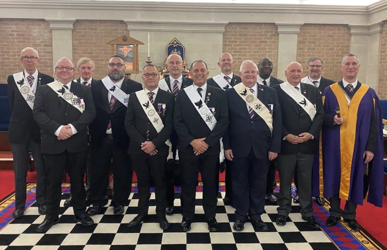 The Candidates having received their Appendant Orders degrees along with the three P.Kt's who performed the 3 points (back row left - 2 P.Kt's and back row right) along with the Intendant General